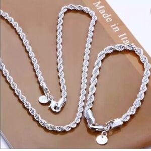 Elegant Silver Rope Chain Necklace and Bracelet Set 925 sterling